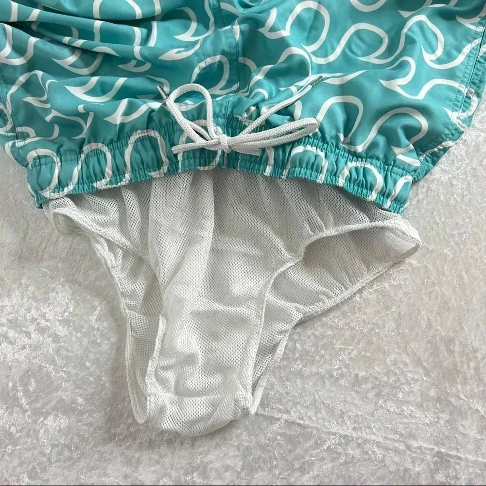 Southern Tide Swim Short Size Small  Wave Pattern Trunk Teal White